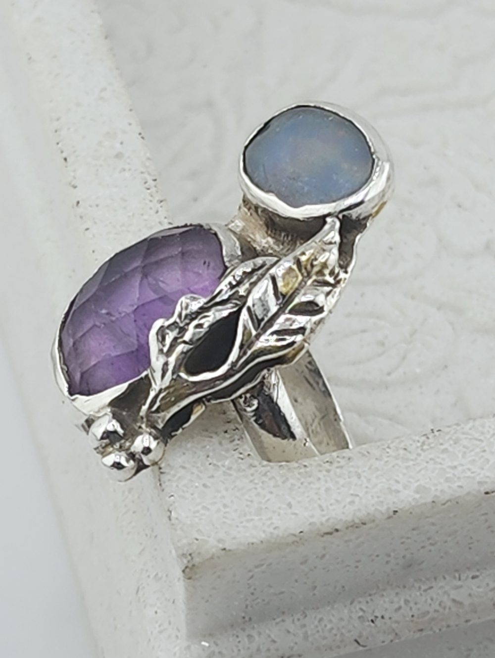 OPAL & AQUAMARINE HANDMADE RING IN STERLING SILVER SZ 8.5 - Picture 3 of 11